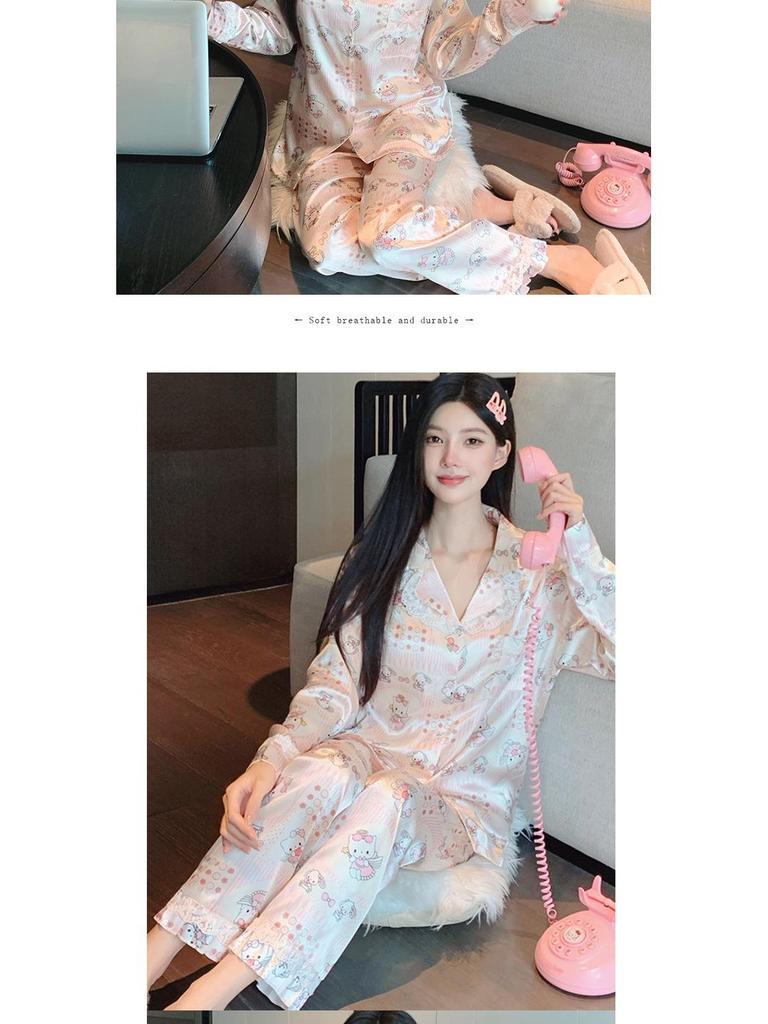 Japanese Sweet Ins Ice Silk Pajamas Set for Women - Light Luxury, Long Sleeve, Long Pants, Suitable for Spring and Autumn/Homewear.