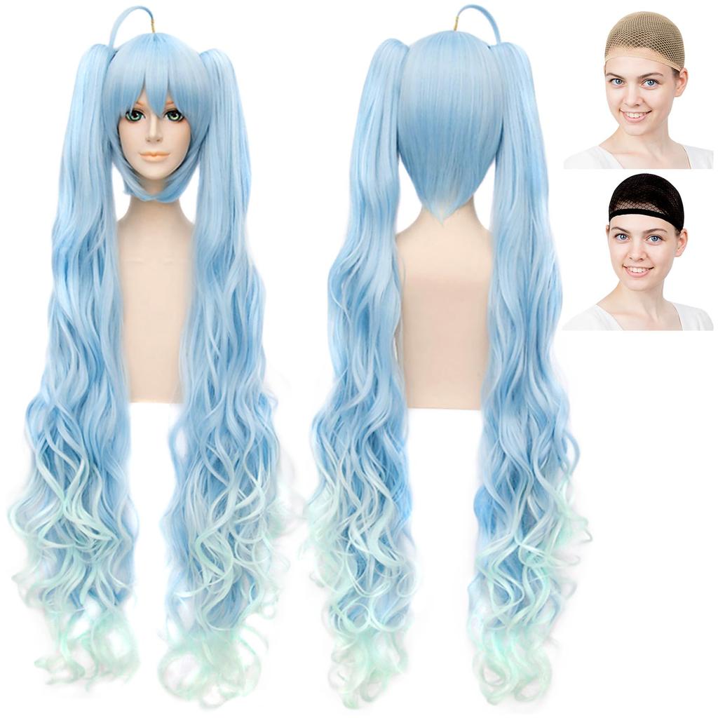CaseEden Cosplay Wig Cosplay Wig Snow Miku SNOW MIKU Hatsune Miku Long Ahoge Twintails with Vance Light Blue Gradient Light Blue Blue White Mercier