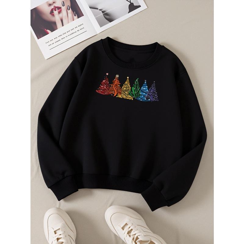 Colorful Christmas Trees Pattern 2026 New Girls' Long-sleeve Casual Crewneck Sweatshirt, Suitable for Outdoor Sports