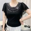 Летняя Новая Элегантная Футболка из Сетки с Короткими Рукавами и Круглым Вырезом Модные Рюши Горячие Бриллианты Женские Футболки Шикарные Рукава-Бабочки Повседневные Топы