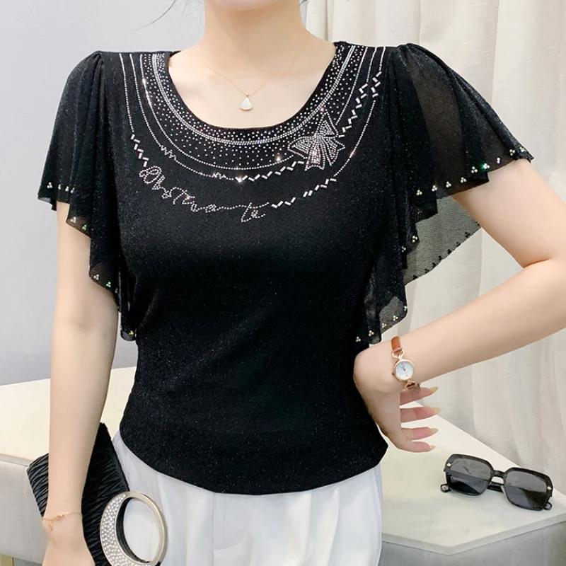 Летняя Новая Элегантная Футболка из Сетки с Короткими Рукавами и Круглым Вырезом Модные Рюши Горячие Бриллианты Женские Футболки Шикарные Рукава-Бабочки Повседневные Топы