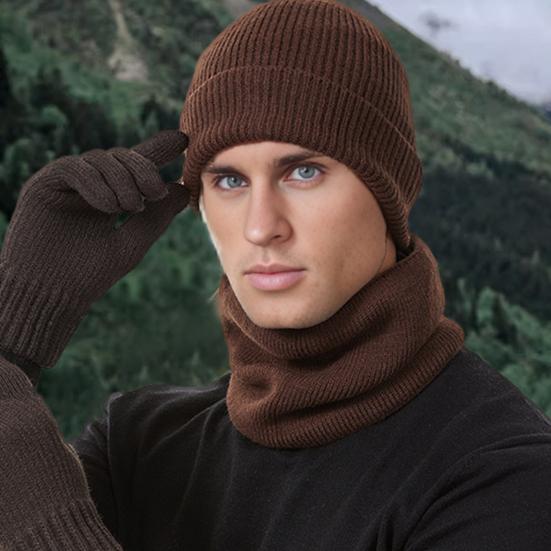 Yousheng 3Pcs/Set Winter Hat Scarf Gloves Set Solid Color Windproof Brimless Hat Neck Warmer Touch Screen Gloves Set