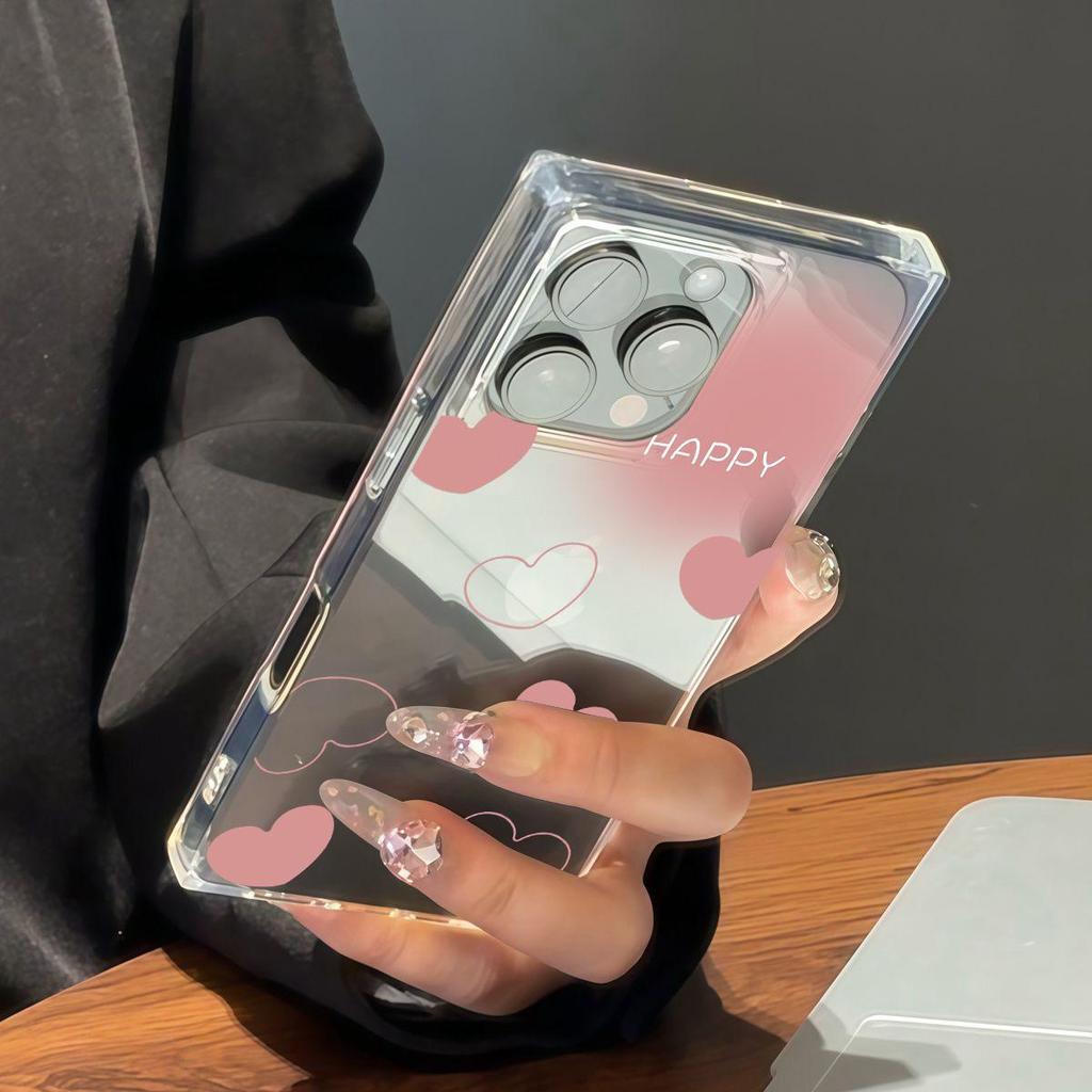 Прозрачный квадратный чехол-трубка для защиты iPhone 11 15 Plus 14 Pro Max 16 ProMax 12 13, защита от окисления, чехол с розовым узором в виде сердец