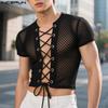 Men Summer Short Sleeve Bandage Hollow Sheer Party Club Crop Tops T-shirts