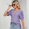 Женская футболка с коротким рукавом, летние повседневные однотонные свободные топы с V-образным вырезом и ажурными буфами