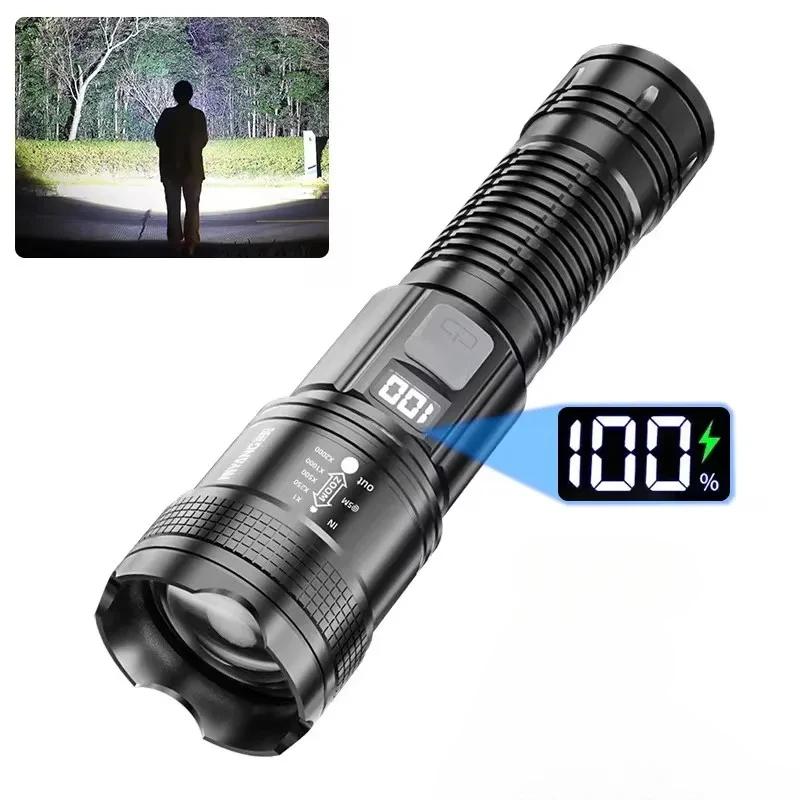 3000000LM High Power LED Flashlight 4500mah Built-in Battery Torch Ultra Bright Telescopic Zoom Powerful Lantern with Tail Light