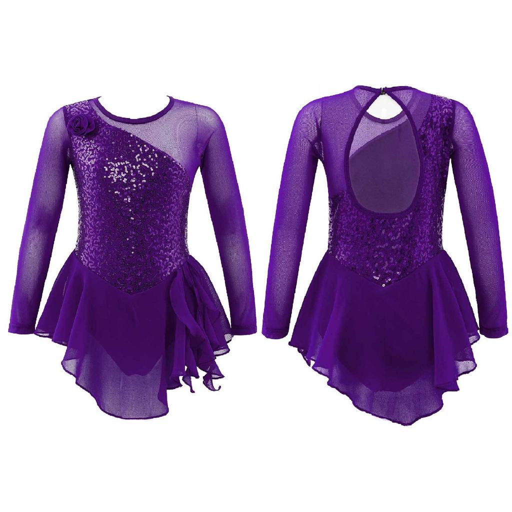 Girls Long Sleeve Mesh Patchwork Style Irregular Sequins Decor Dress Skating Dance Gymnastic Dress