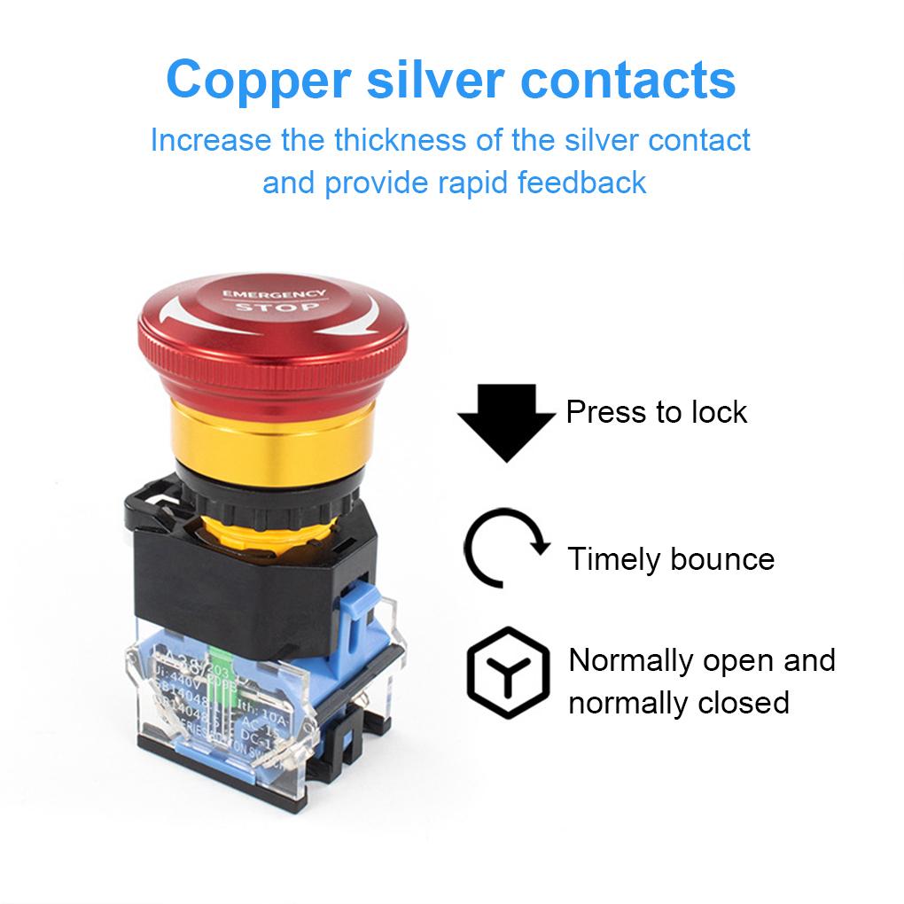 22mm 10A Metal Emergency Stop Pushbutton Switches Self-Locking For Start Emergency Stop Push Button Switch 1NO 1NC 2NC