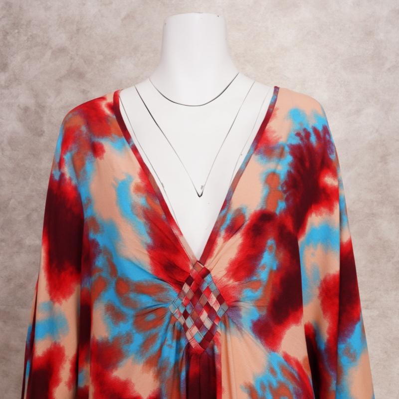 Red Tie-dye Printed Bikini Cover-up Swimsuit Robe Casual V-neck Side Slit Summer Beach Skirt Women's Beachwear Swimsuit Cover-up