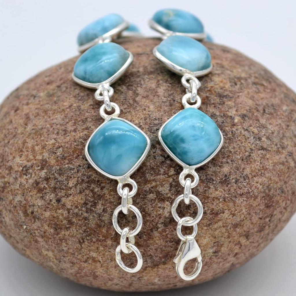 Браслет из натурального ларимара, Серебряный браслет 925 пробы, Подарок для нее, Женский браслет, Дизайнерский браслет, Подарок маме, Ювелирные изделия с камнем