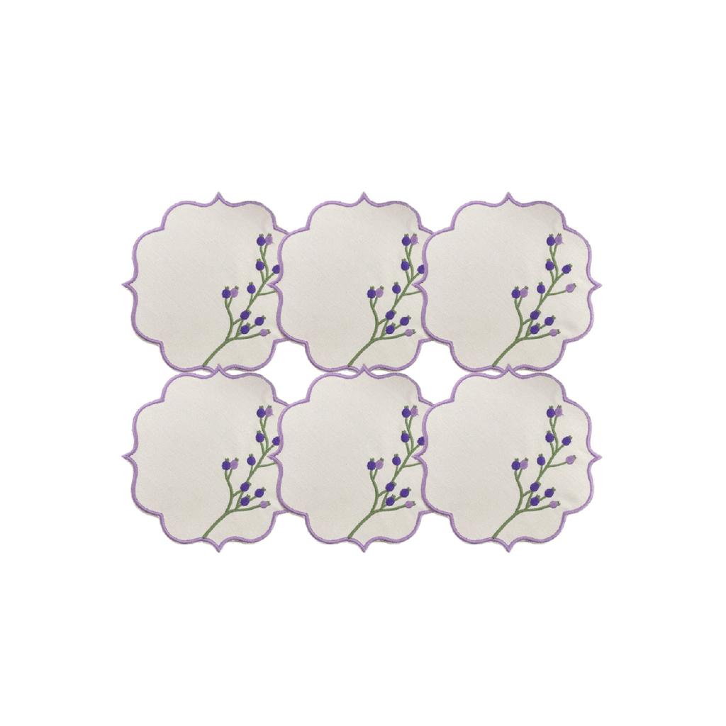 Набор из 6 льняных салфеток для сервировки кофе с фиолетовым цветочным узором и вышивкой
