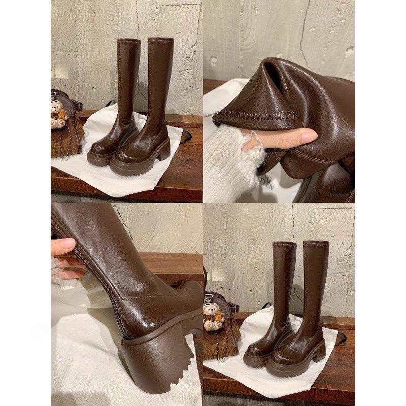 25 Autumn and Winter New Thick-soled Thick-heeled Medium-high Knight Boots Women's Velvet But Knee Boots Locomotive Thin Boots