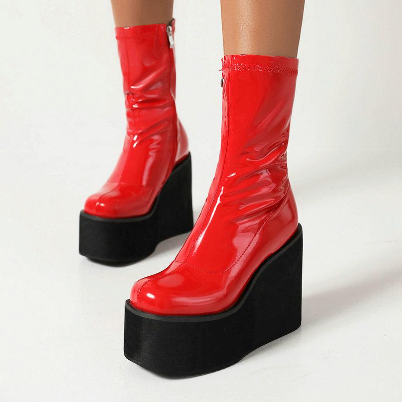 Легкая подошва из пеноматериала, платформа, танкетка, туфли на высоком каблуке для девочек, блестящая лакированная искусственная кожа, красные, белые эластичные ботильоны, готические женские черные сапоги