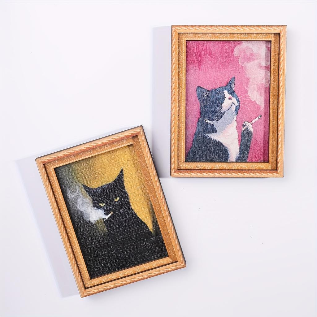 Серия "Черный Кот" Масляная живопись Котёнок, который кричит Магнитная фоторамка Деревянный Винтажный Магнит на холодильник