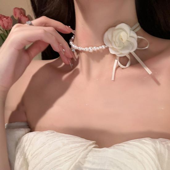 Женское колье Камелия с искусственным жемчугом, винтажное, французское, гипоаллергенное, регулируемое, для девочек, чокер-цветок из искусственного жемчуга, модная бижутерия