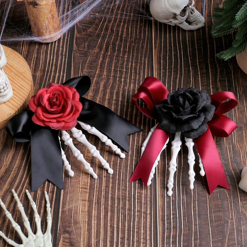 1pc Haunted Style Skeleton Hand Hair Clip Contrast Rose Bows Practical Plastic For Themed Dressing Up Event