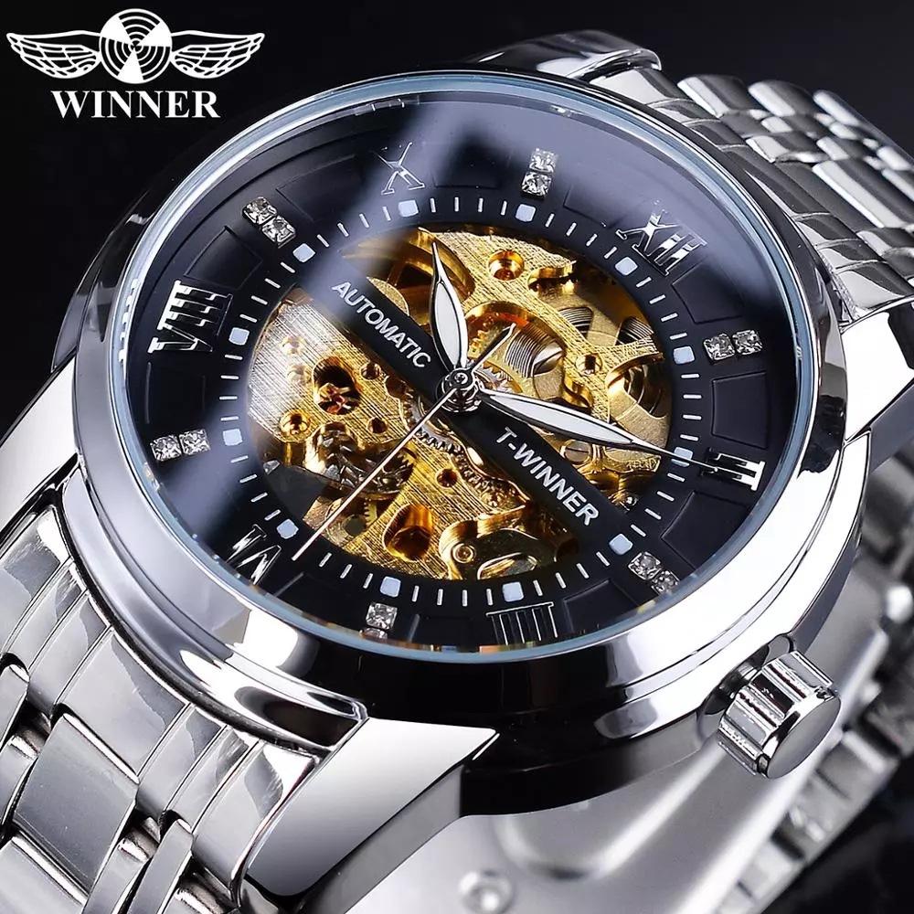 WINNER Часы мужские автоматические механические с бриллиантовым циферблатом из нержавеющей стали со скелетонизированным механизмом и светящейся стрелкой SLZg108