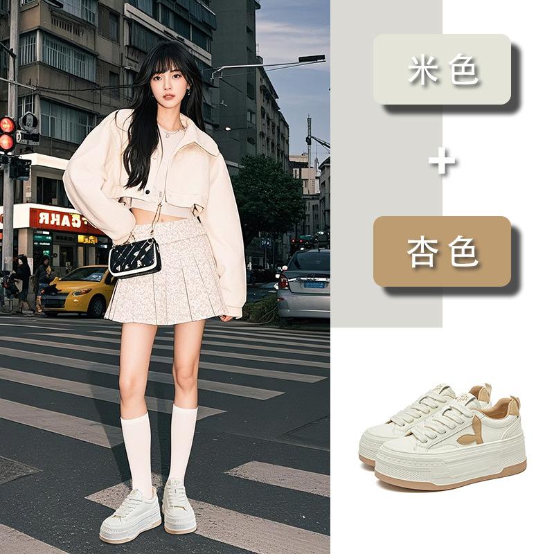 Leather little white shoes women's 2025 spring new platform single shoes heightening shoes casual muffin shoes versatile sports board shoes