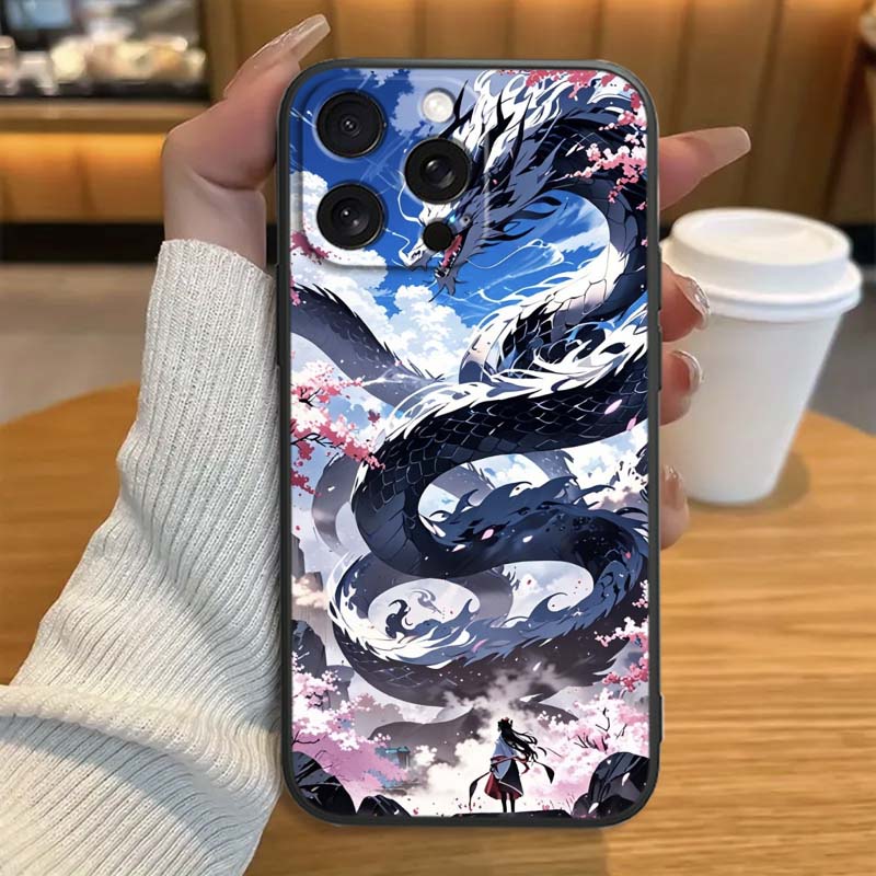 Дизайн с драконом в стиле аниме для Apple iPhone 17 16 16E 15 14 13 12 11 Pro Max Plus Черный Мягкий Силиконовый Чехол для Телефона