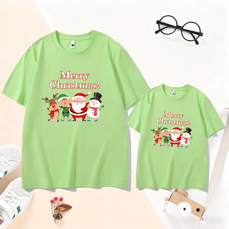 2026 Christmas Parent-Child T-Shirt - Santa & Reindeer Design for Families of 3-4, Pure Cotton, Short-Sleeve