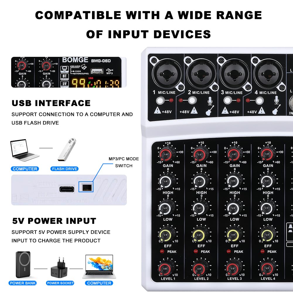 BOMGE 6-Channel DJ Audio Mixer MP3 USB Bluetooth 48V Phantom 99 DSP Effects Live