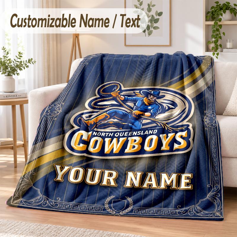 Custom Text Flannel Blanket North Queensland Cowboys Print Warm Cozy Blanket Home Sofa Bedding
