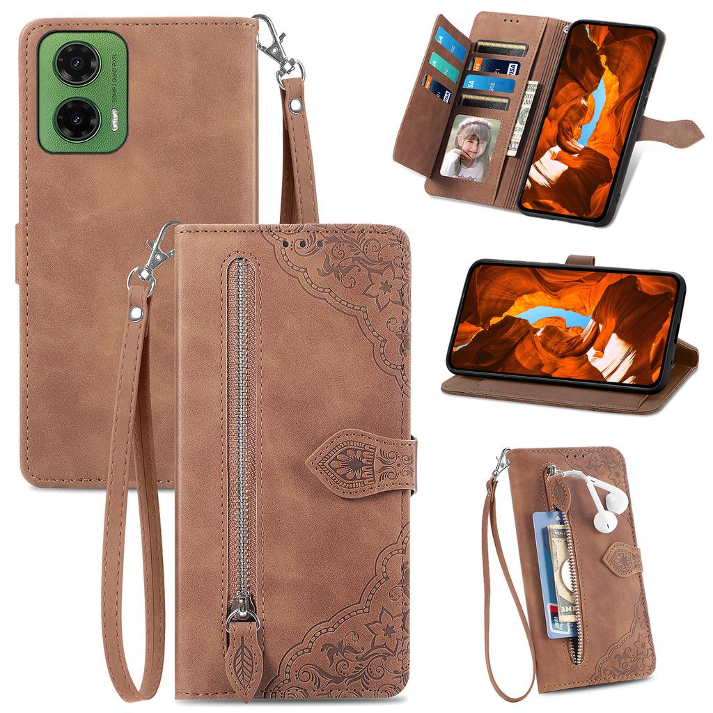 For Motorola Moto G35 5G Case Zipper Wallet PU Leather Flower Imprint Phone Cover