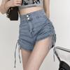 Summer High Waist Denim Shorts Korean Style Black Blue Color Side Drawstring Double Buttons Up Short Jeans