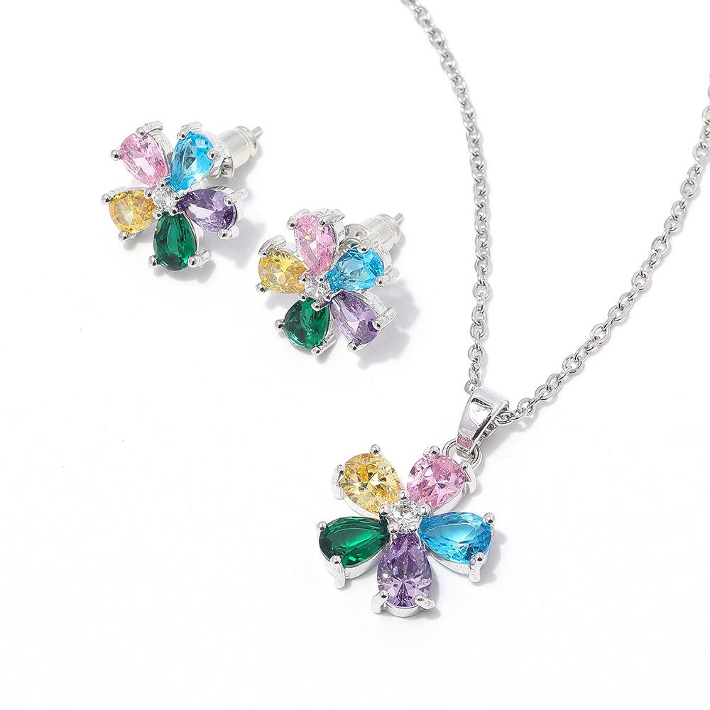 Маленький цветок циркон серьги комплект ожерелье Высококачественные сказочные аксессуары многоцветный дополнительный комплект ювелирных изделий для женщин