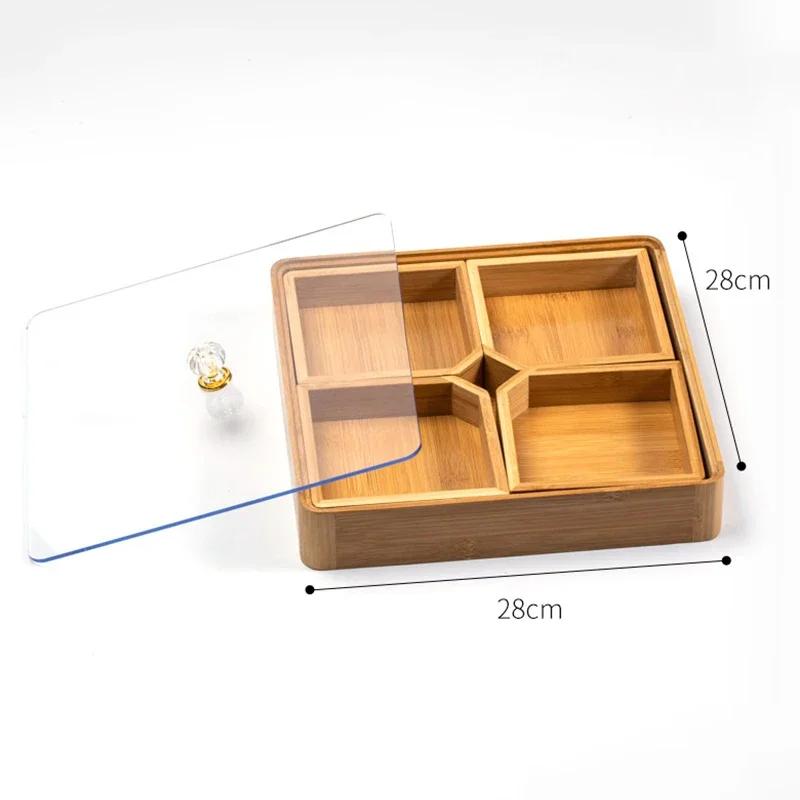 Бамбуковый поднос для хранения орехов, деревянные подносы для сухофруктов, конфет, с крышкой, блюдо для закусок Dim Sum для вечеринок, семейных вечеринок
