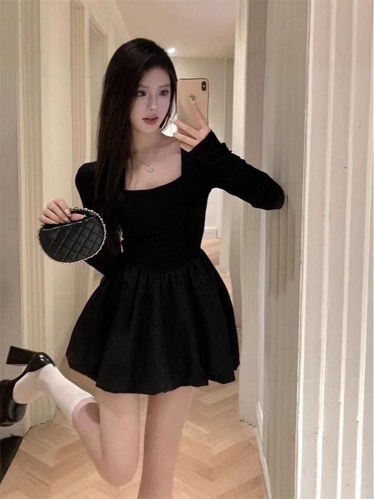 Petite French Chic Black Puffy Princess Dress - Women's Autumn Mini Tulip Skirt