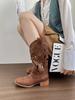 Brown Retro Western Cowboy Boots Women's 2025 New Hollow Mid Boots Embroidered Knight Boots Thick Heel Martin Boots