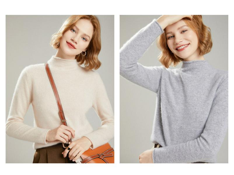 Женский кашемировый свитер из чистой шерсти с полувысоким воротником - Приталенный крой, Универсальный вязаный дизайн