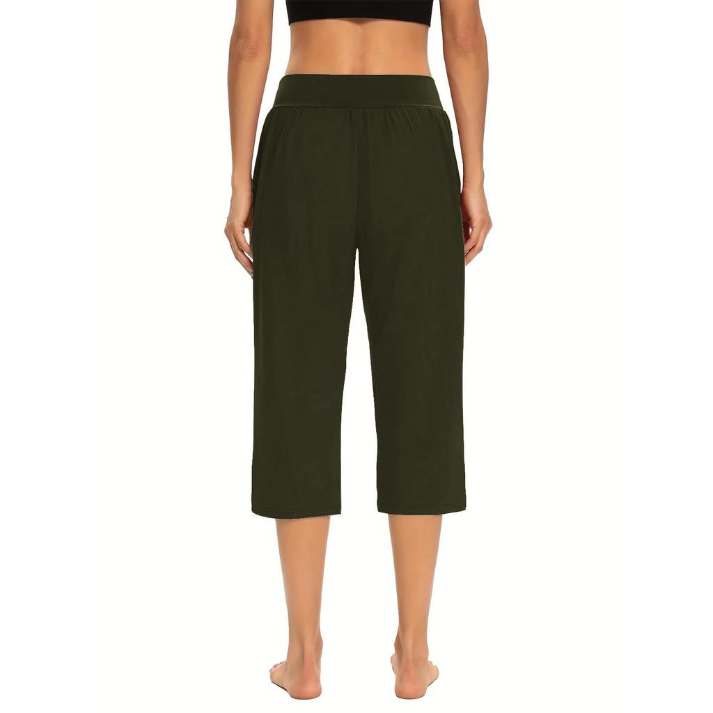 Женские эластичные брюки 3/4 с высокой талией, повседневные брюки-капри с широкими штанинами для активного отдыха, брюки с карманами