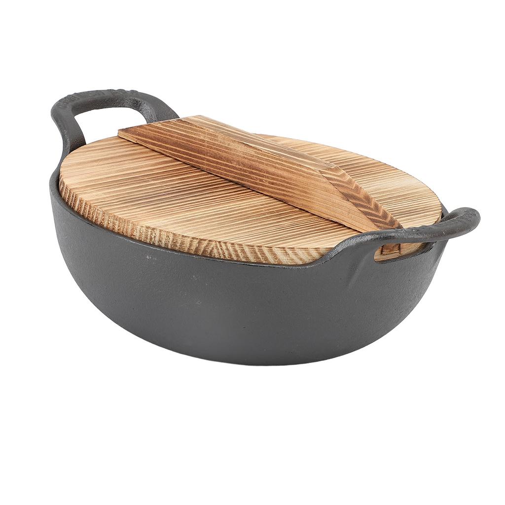 Чугунный вок, сковорода с деревянной крышкой и двумя ручками, плоское дно, без покрытия, для жарки на пару, гриль A