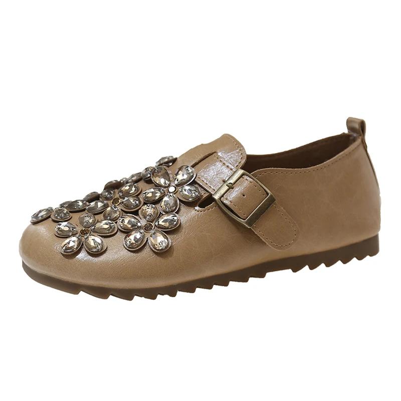 Новые весенние женские туфли-одиночки с цветочным принтом и блестящими бриллиантами, повседневные, удобные, модные маленькие кожаные туфли на плоском каблуке