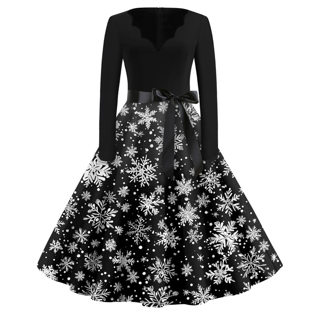 Christmas Print Flare Dress For Women Long Sleeve Dress Hollow Party Casual Dresses