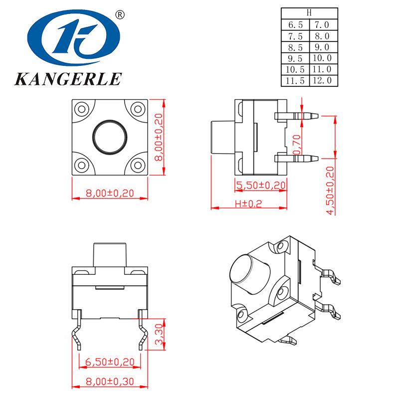 8x8 Waterproof Tactile Switch with Boot, Two-Pin Design