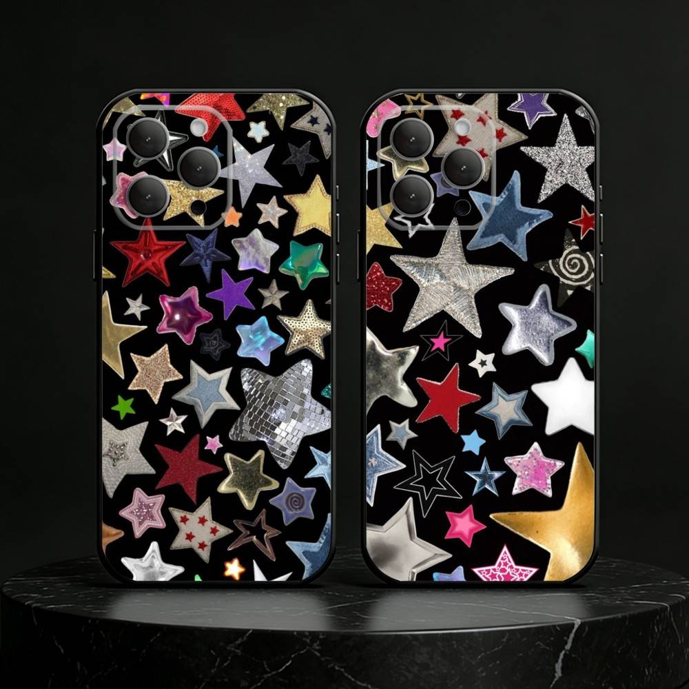 Красочный чехол со звездами для iPhone 17, 16, 15, 14, 13, 12, 11 Plus, Pro Max, SE4 Мягкий силиконовый черный чехол