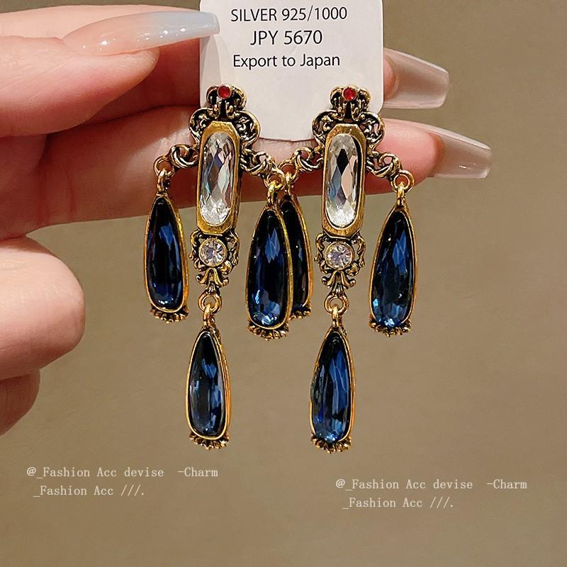 Silver needle dripping oil water drop fringed earrings antique literary and versatile earrings new Chinese retro temperament earrings women