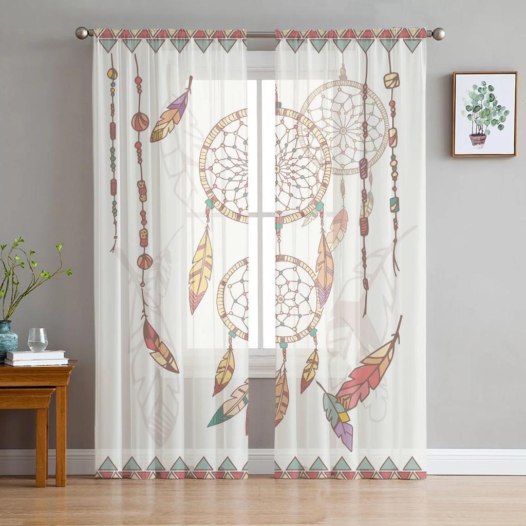 Dream Catcher Watercolor Feather Pattern Modern Tulle Curtains for Living Room Bedroom Home Kitchen Window Sheer Curtains