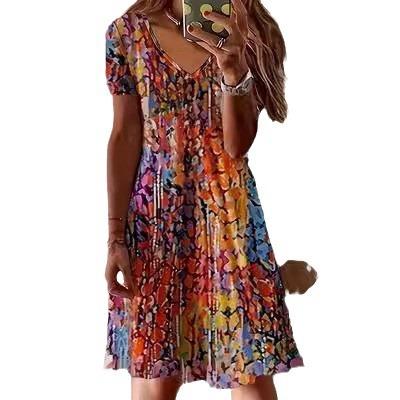 European and American summer new V-neck printed short-sleeved women's dress printed dress