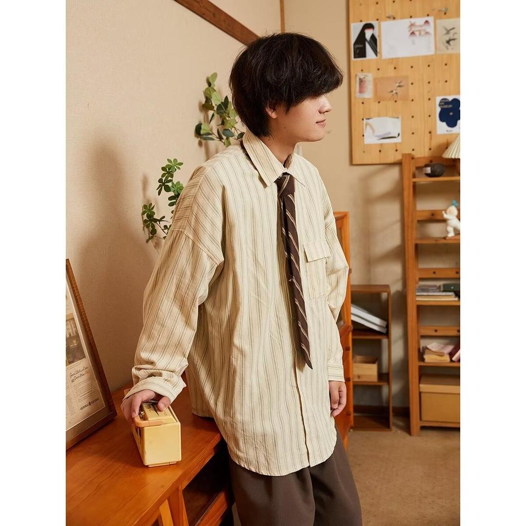 2024 Striped Long Sleeve Shirt Japanese Hong Kong Style Ins Loose Shirt Boys Summer Trendy Versatile Casual Coat