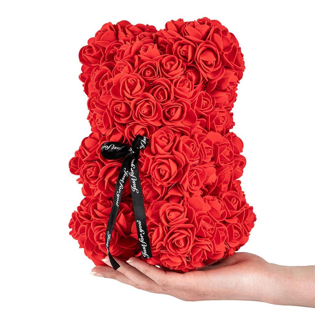 Розовый плюшевый мишка, красный, лепестки роз 25 см, украшение, подарок на День матери