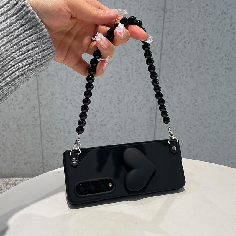 Fashion Blue Black Love Heart Pc Case With Wrist Lanyard Beads Bracelet Chain For Samsung Galaxy Fold Z Fold 2 3 4 5g