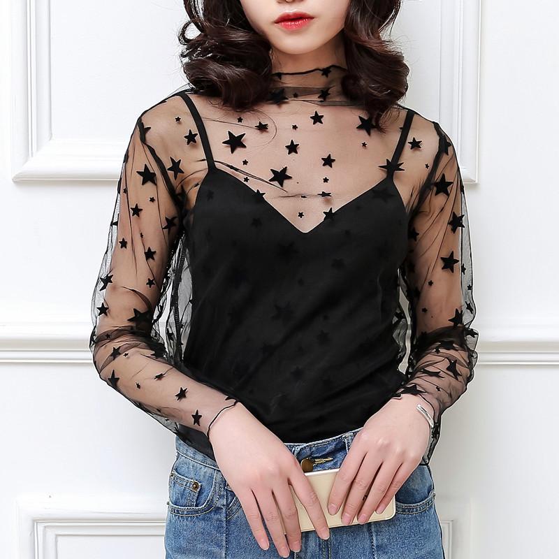Women's Korean Style Sheer Black Mesh Long Sleeve Top