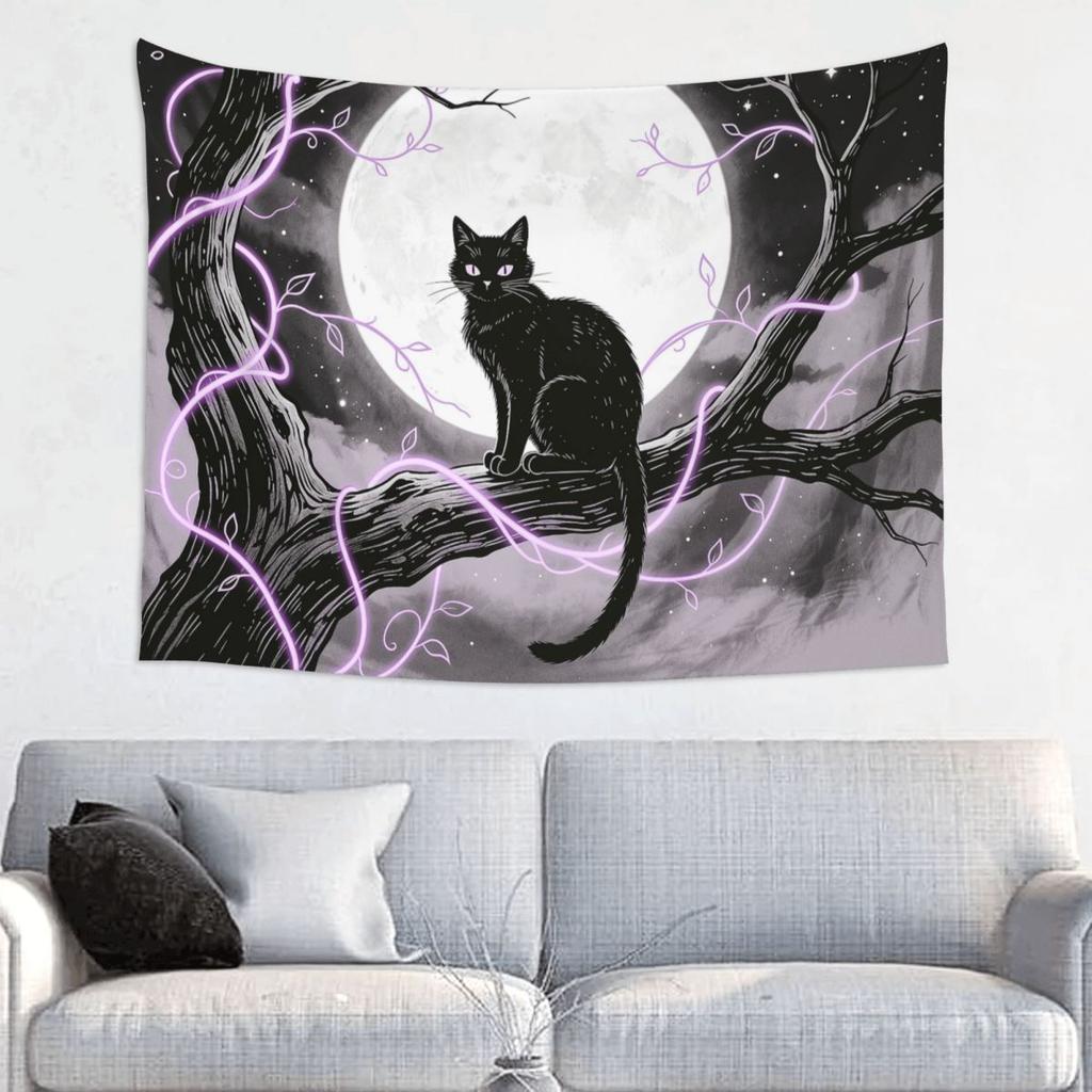 Halloween Black Cats Tapestry Wall Hanging Print Polyester Tapestry Witchy Mystical Moon Boho Wall Blanket Wall Decor Tapiz