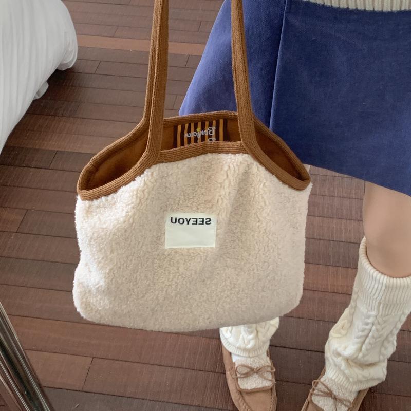 Fashion Faux Suede Women's Plush Shoulder Bags Winter Letter Female Large Crossbody Bag Double Sided Casual Tote Travel Handbags