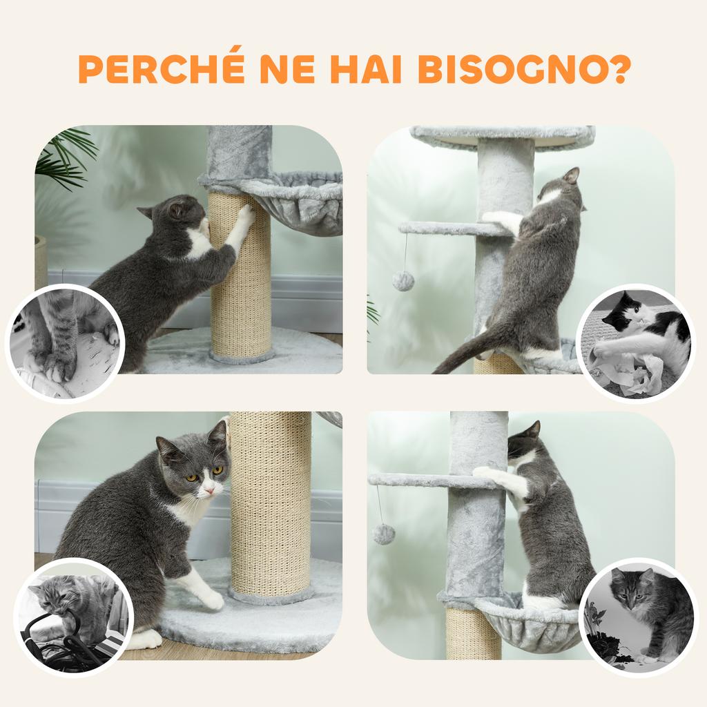 103.5cm Cat Tree with Cat Bed and Hammock, Plush Lining, Light Grey
