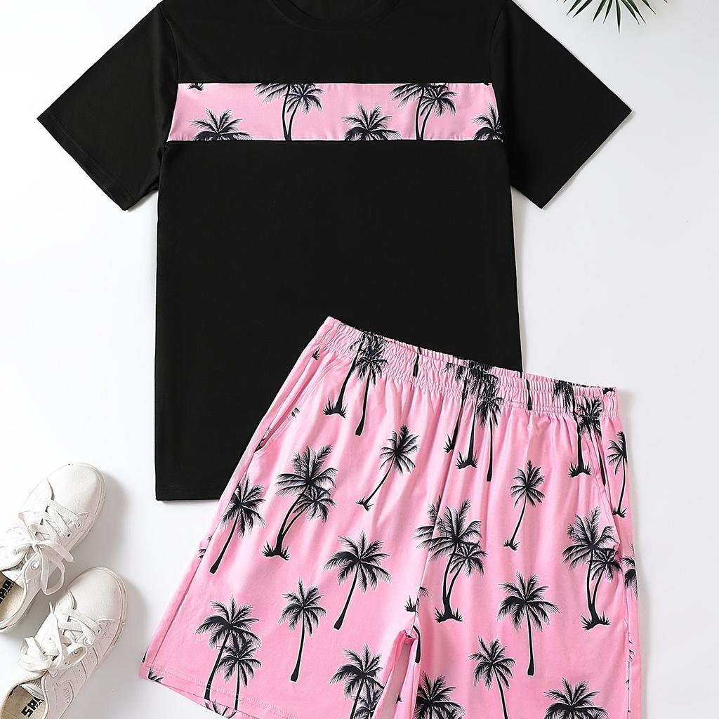 Мужской комплект из 2 предметов с изображением тропической пальмы — удобная футболка с круглым вырезом и спортивные штаны на шнурке, идеально подходят для летней повседневной одежды